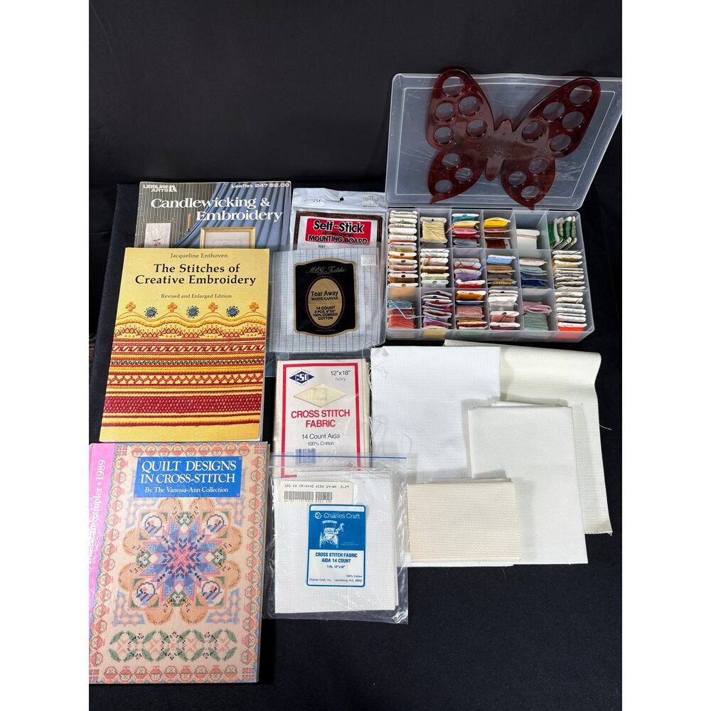 Counted Cross Stitch & Needlepoint Bundle, Embroidery Books, Floss, Aida Cloth
